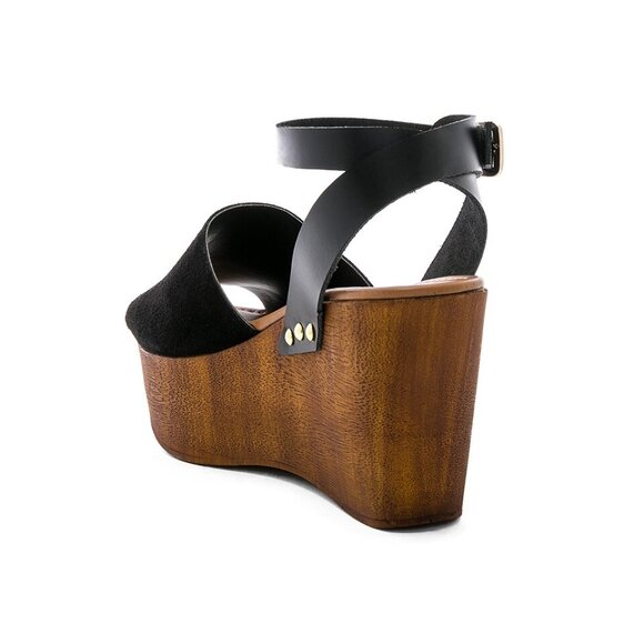 Seychelles Open Toe Wedge - Black Suede and Brown Wood-like - Picture 2 of 10